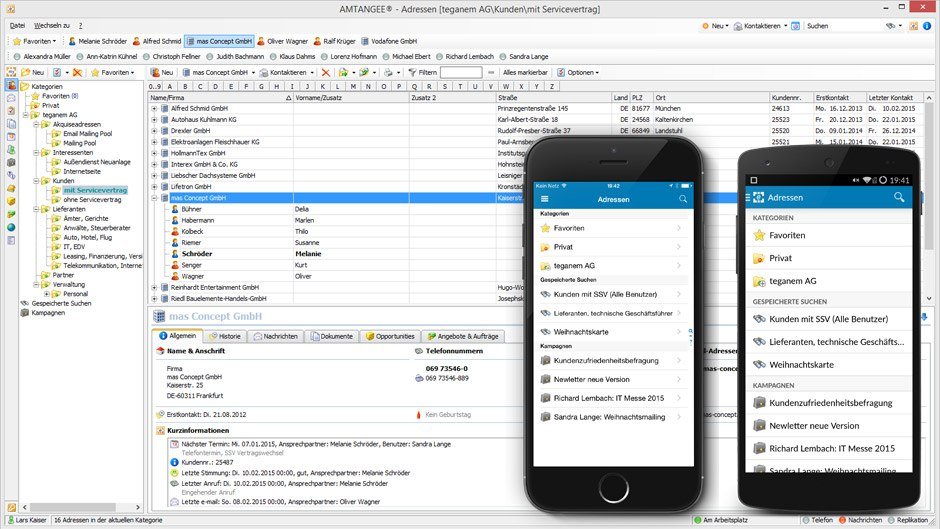 AMTANGEE Adressübersicht - auf dem PC, iPhone und Android Smartphone.