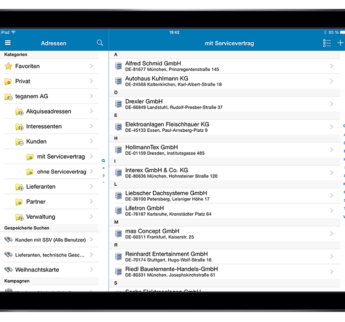 AMTANGEE Mobile CRM auf einem iPad (iOS) - Adressen mit Adressübersicht