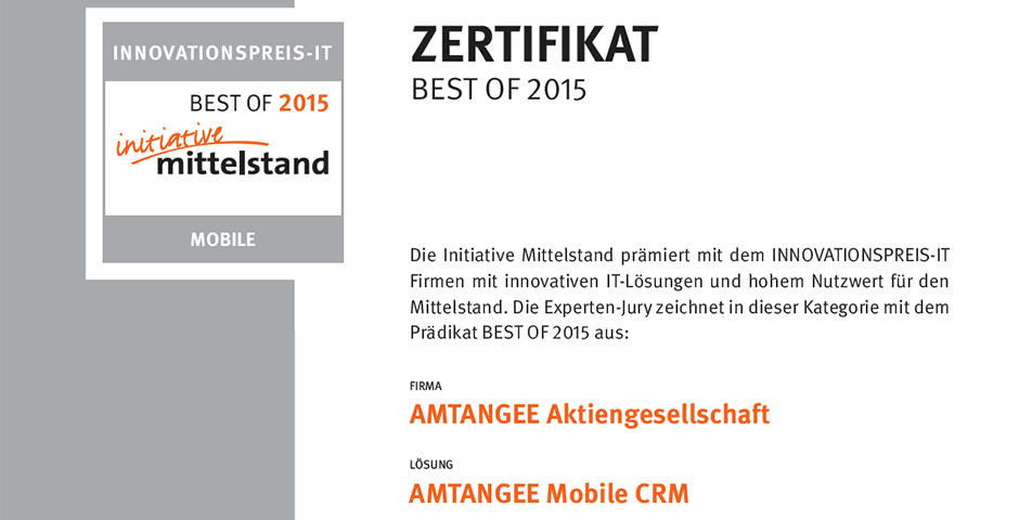 Innovationspreis-IT 2015 - BEST OF Mobile 2015 für AMTANGEE Mobile CRM