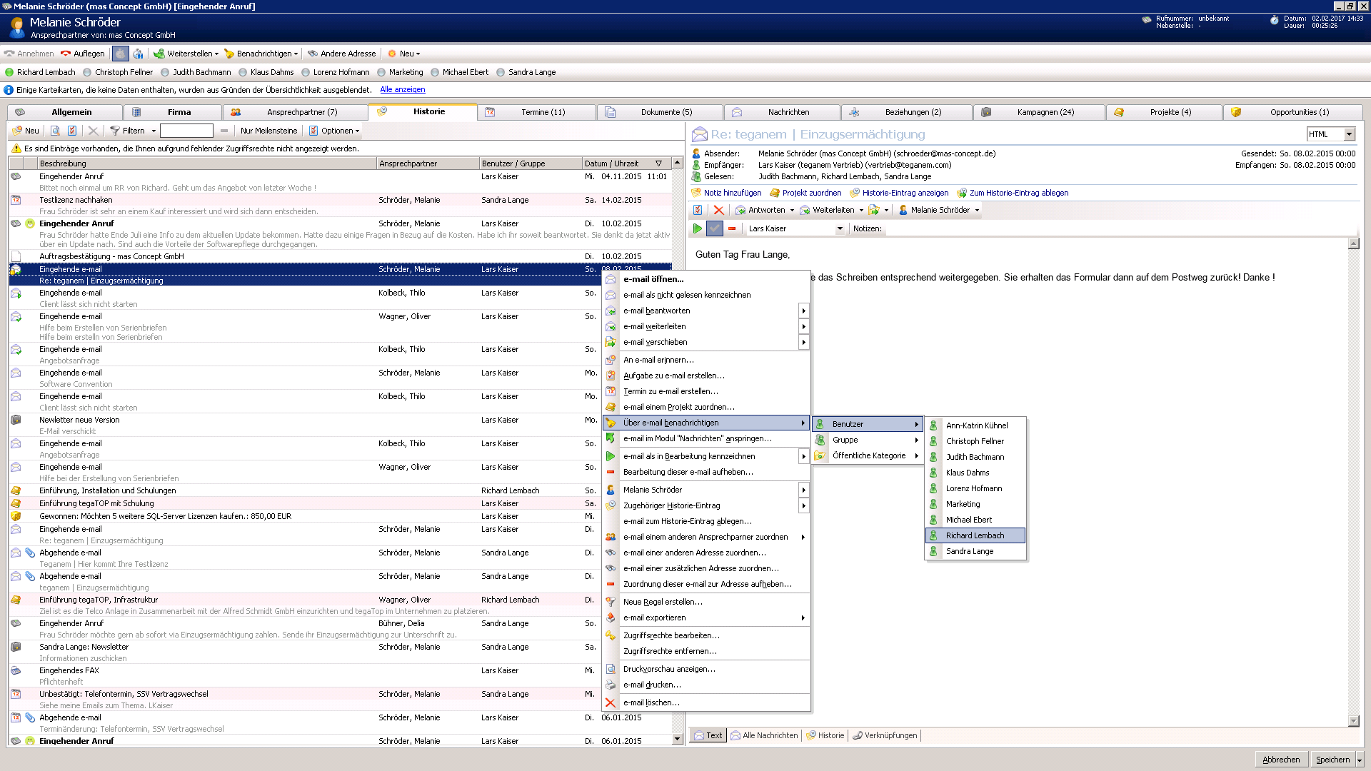 AMTANGEE CRM Historie: Kontextmenu