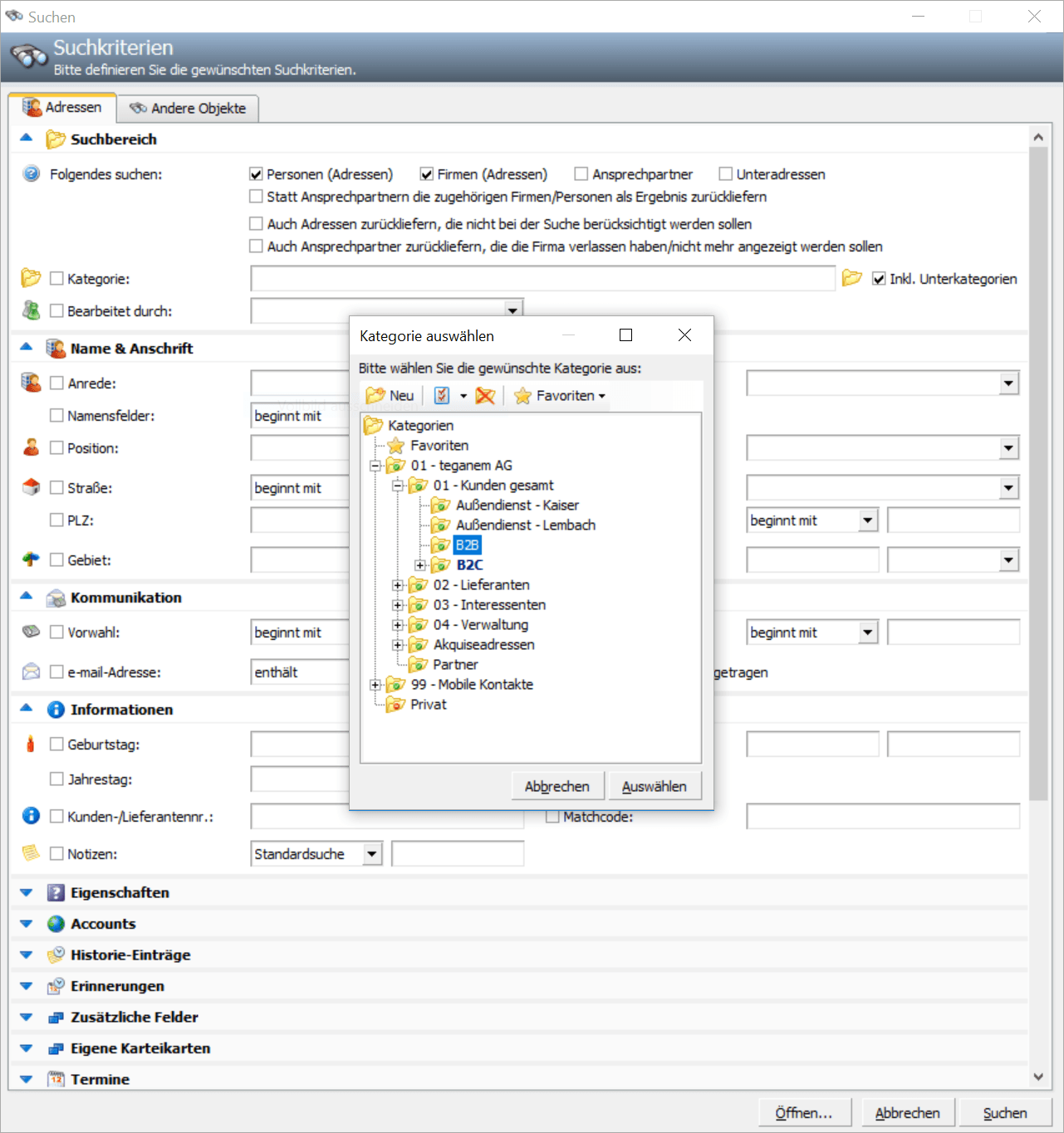 CRM ToolBox: AMTANGEE Suchfunktion (Erweiterte Suche) - Suche B2B