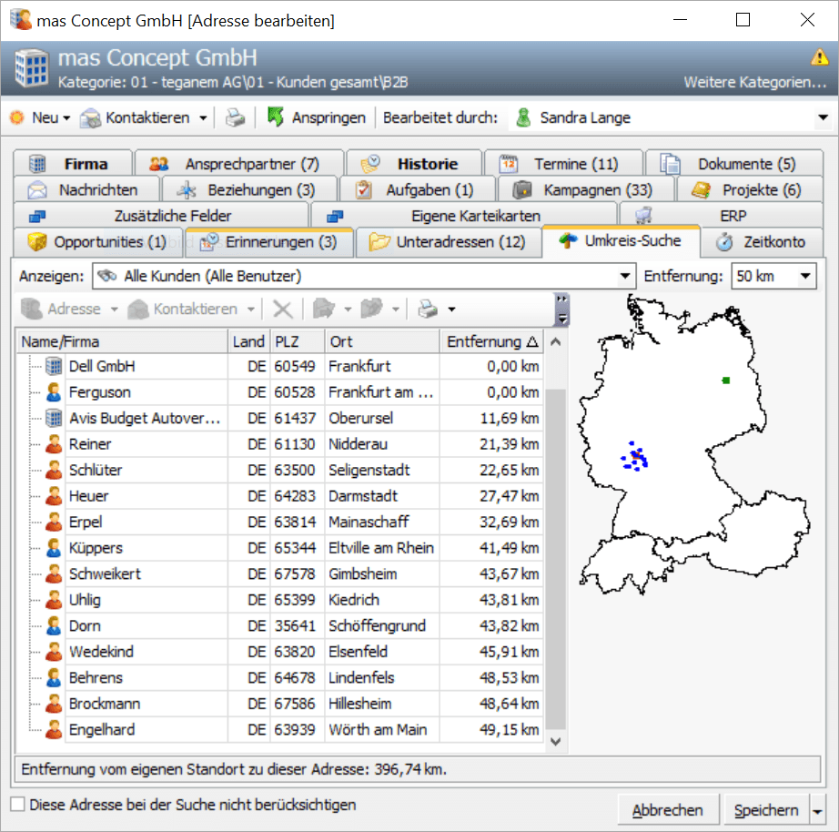 CRM ToolBox: AMTANGEE Suchfunktion (Erweiterte Suche) - Umkreissuche