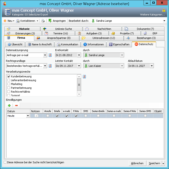 AMTANGEE 5.7 Datenschutzreiter