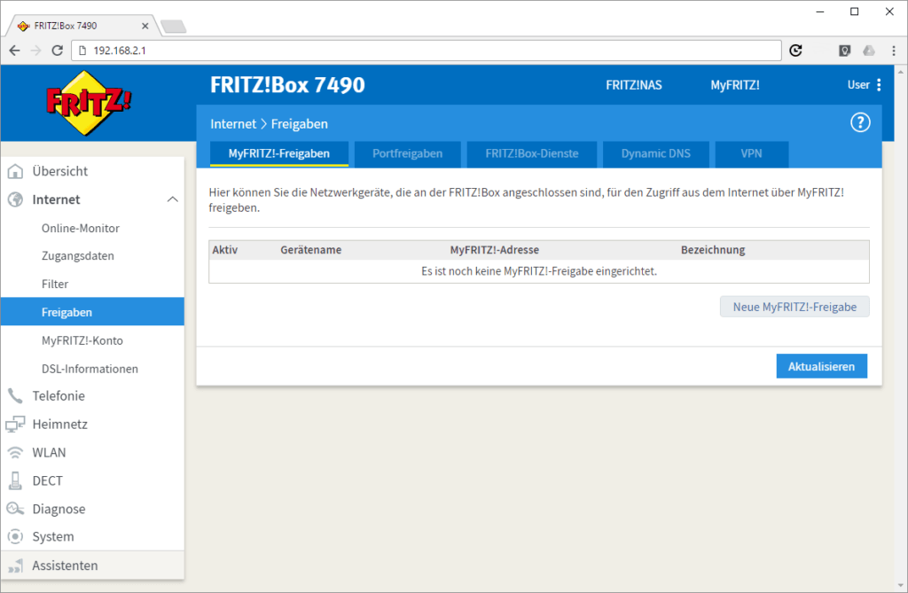 Portfreigabe in der Fritzbox konfigurieren