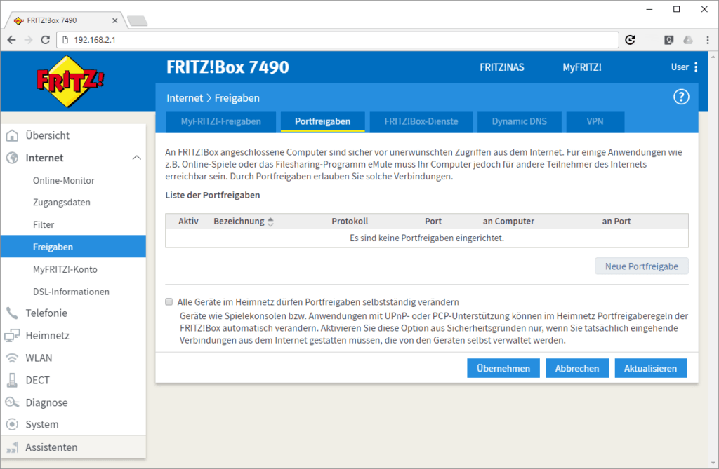 Portfreigabe in der Fritzbox konfigurieren