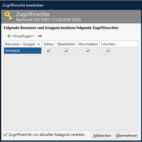 Zugriffsrechte in AMTANGEE BCS bearbeiten: Maske für Einstellung der Zugriffsrechte für eine einzelne E-Mail.