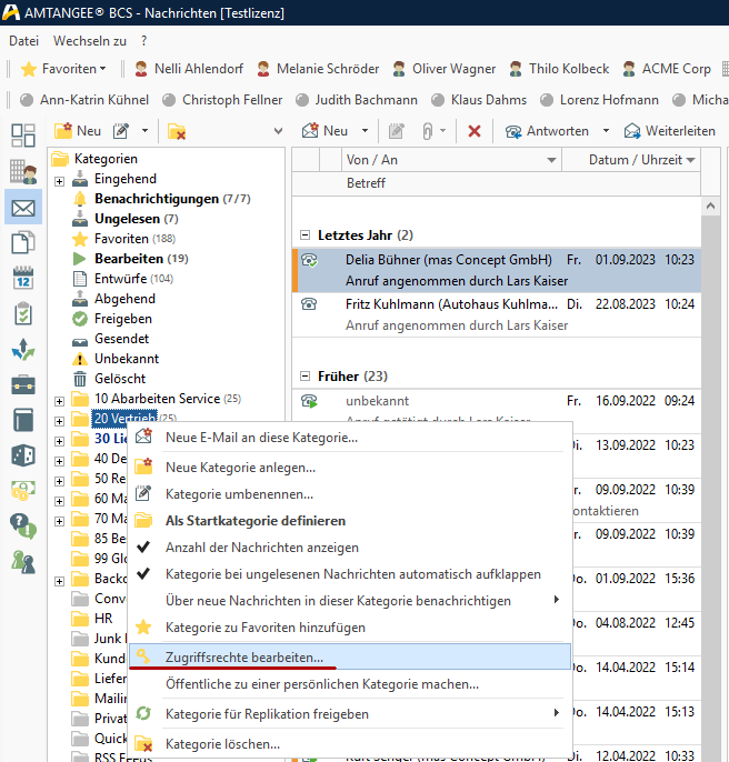 AMTANGEE BCS: Zugriffsrechte für E-Mail-Ordner setzen.