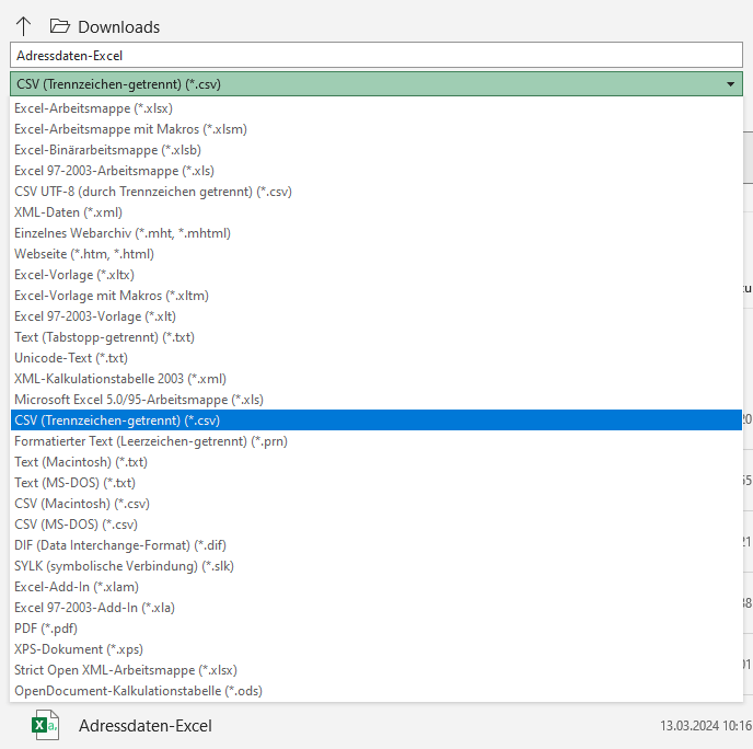 Excel-Datei für den Import als CSV-Datei speichern.