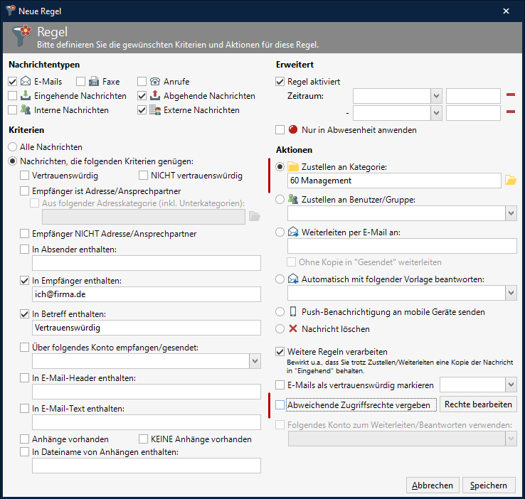 Neue E-Mail-Regel in AMTANGEE BCS anlegen: Beispiel Kategorie Management