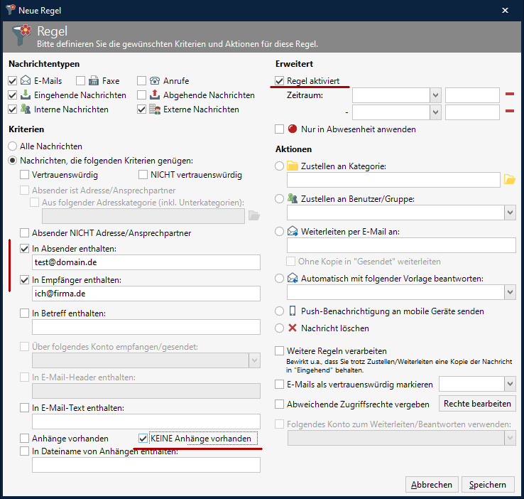 Neue E-Mail-Regel in AMTANGEE BCS festlegen: Beispiel