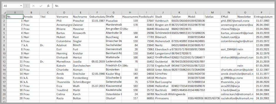 Excel-Datei: Adressdaten (Beispiel)