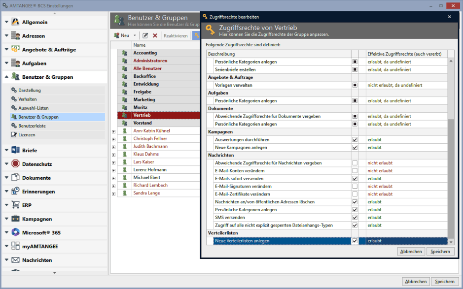 Zugriffsrechte in AMTANGEE BCS bearbeiten: Globale Einstellung der Zugriffsrechte für Benutzer & Gruppen.