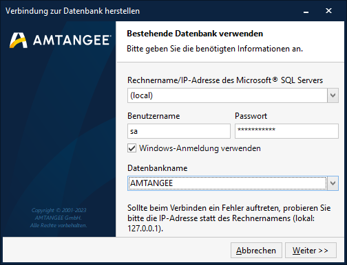 Bestehende Datenbank in AMTANGEE BCS neu verbinden.