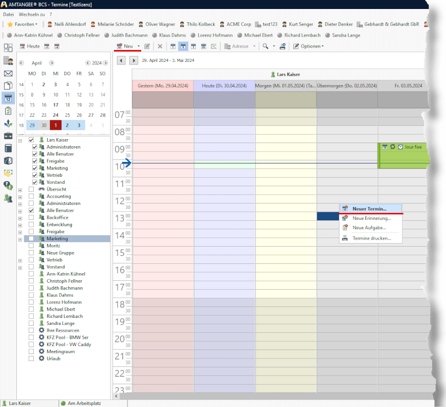 Screenshot: Neuer Termin in AMTANGEE BCS.