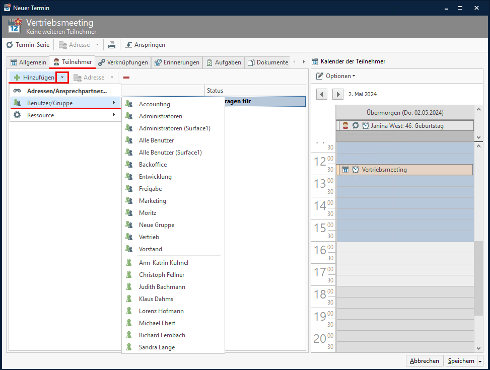 Screenshot: Termin - Teilnehmer hinzufügen.