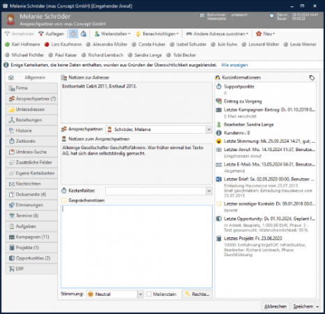 Screenshot: AMTANGEE Anruffenster - Bei Anruf Information 500x484