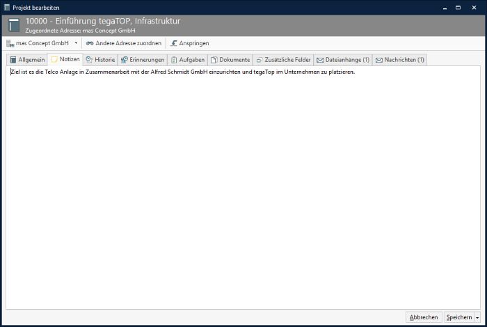 Screenshot: Beispielprojekt in AMTANGEE: Notizen mit Projektbeschreibung (700x470)