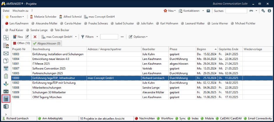 Screenshot: Projektverwaltung in AMTANGEE 940x420