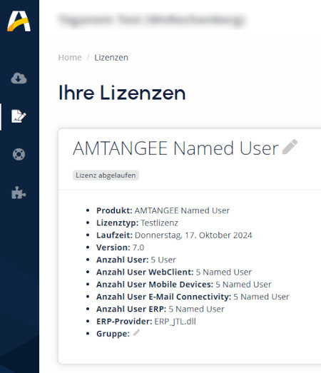 AMTANGEE Cloud: Lizenzübersicht (Screenshot 450x523)
