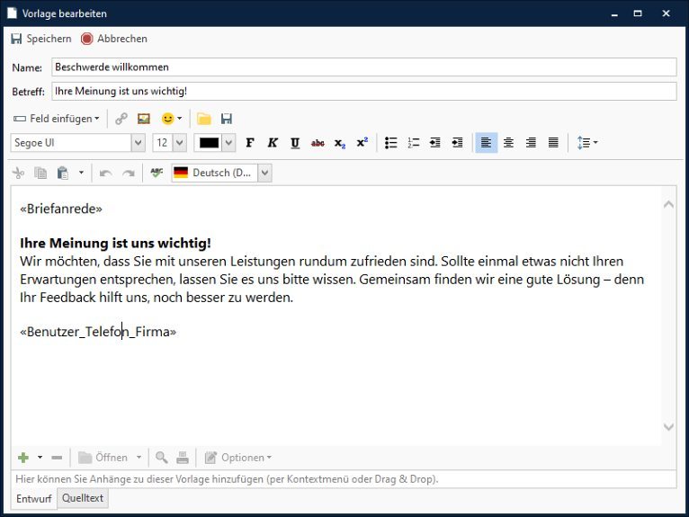 Screenchot: E-Mailvorlage in AMTANGEE: Beschwerde willkommen, 766x575